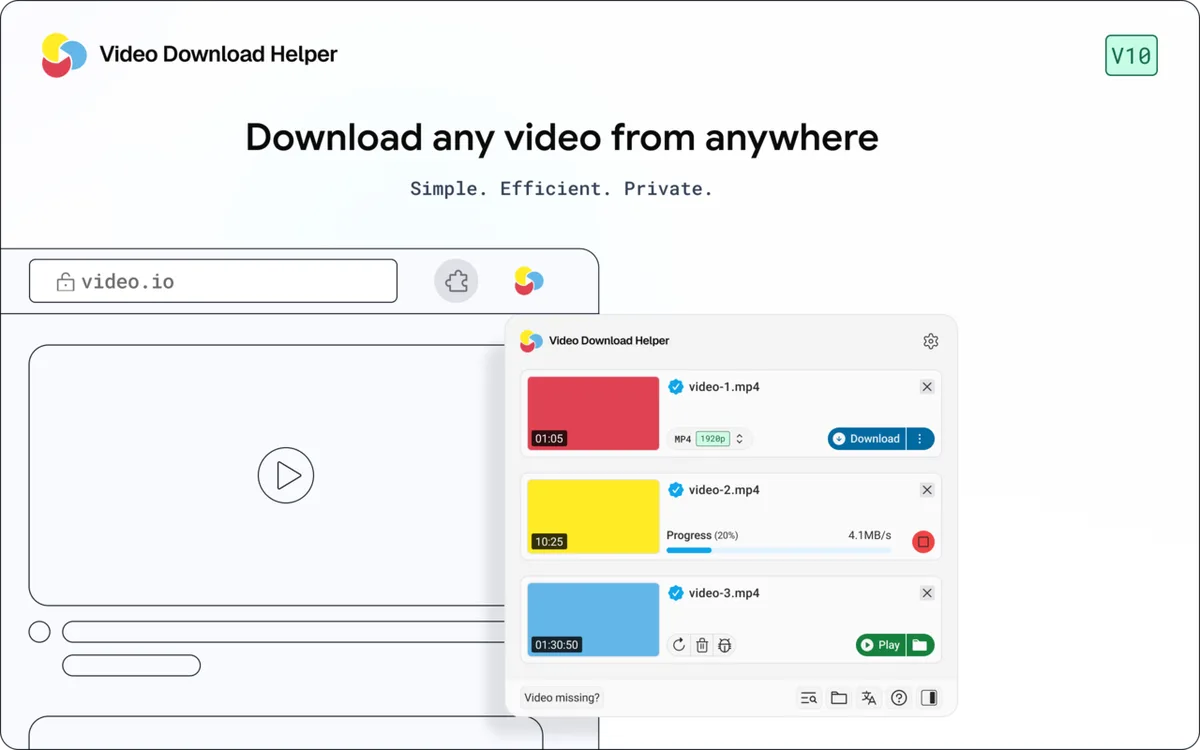Illustration of the Video DownloadHelper popup listing detected videos with a download button and progress Illustration of the Video DownloadHelper popup listing detected videos with a download button and progress